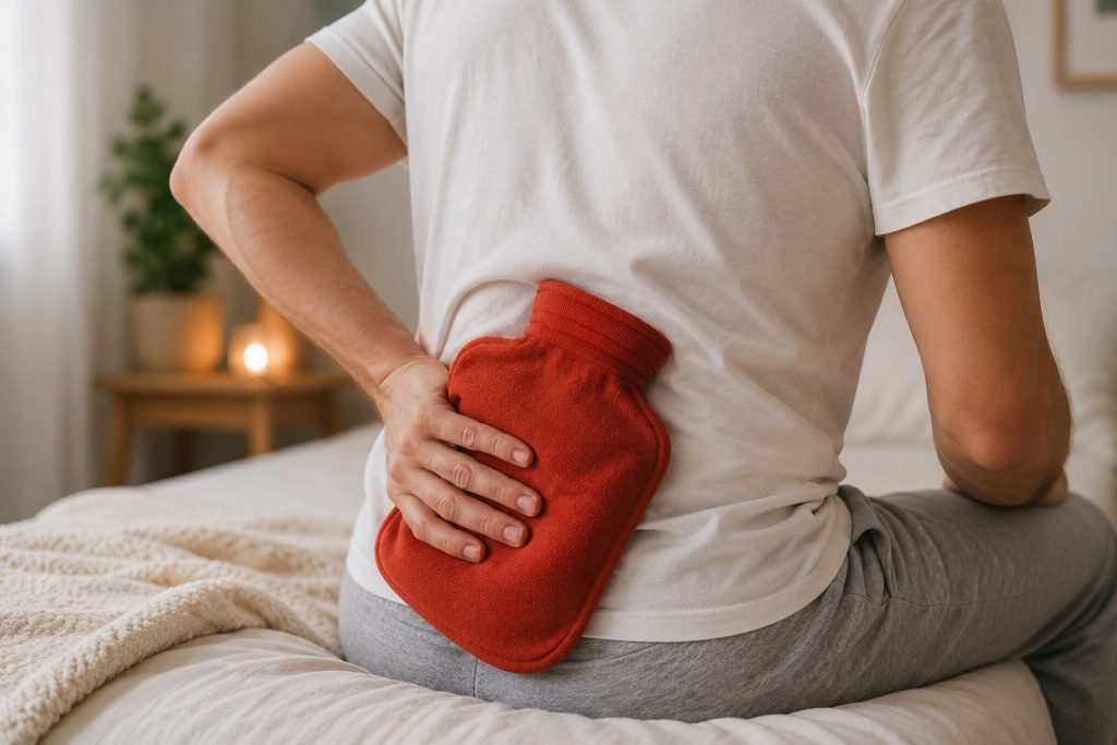 Personne appliquant une poche chaude sur le bas du dos